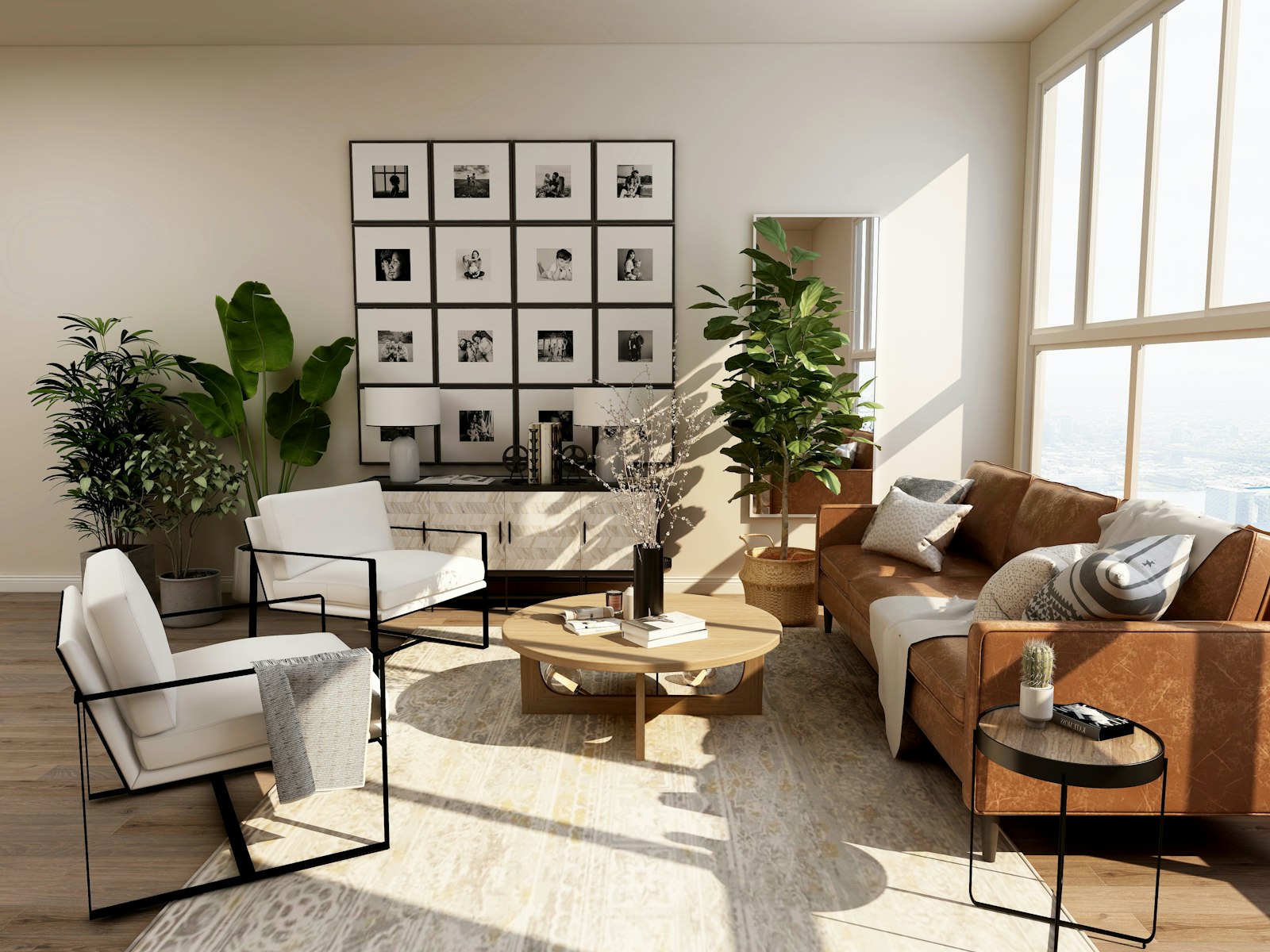Contemporary lounge area with layered lighting